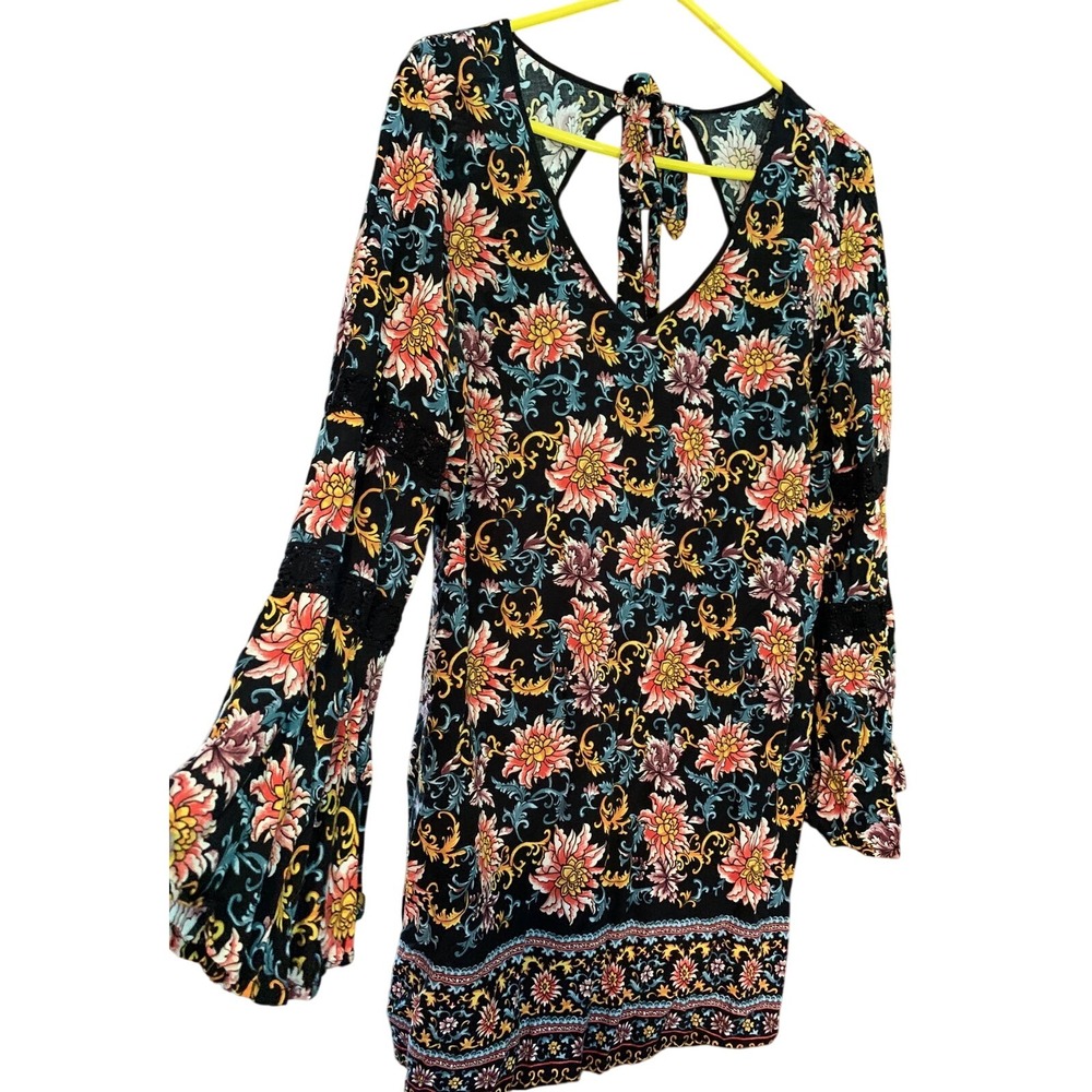 Xhilaration Black Floral‎ Long Sleeve Boho Mini Dress Large Cute